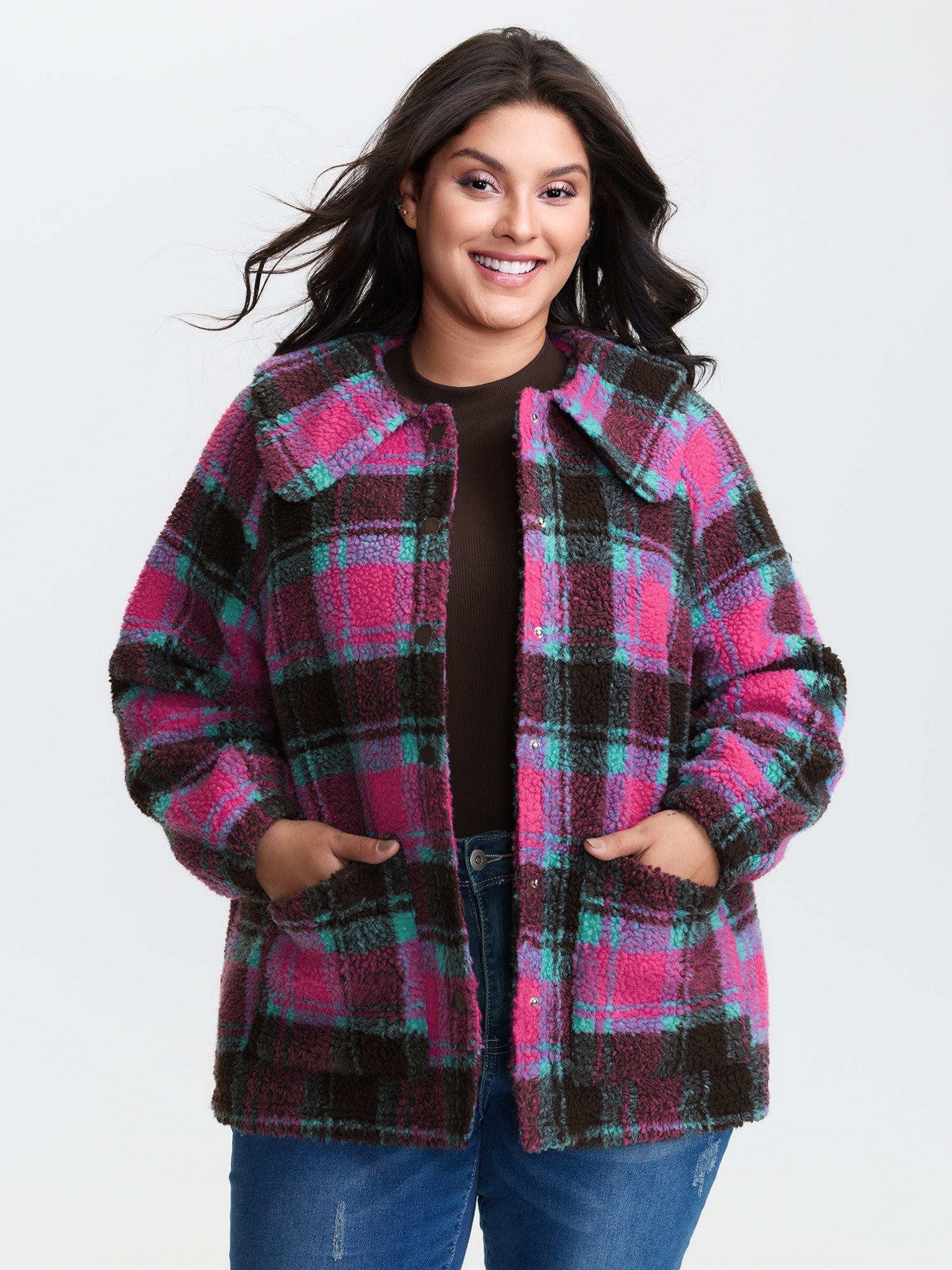 Fluffy Texture Plaid Button-Front Coat