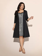 Heart Neckline Patchwork Sequin Button Detail Dress