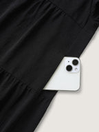 Embroidered Neckline A-Line Ruffled Knee-Length Dress