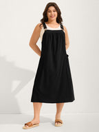 Pure Cotton Pleated Pockets Midi Dress