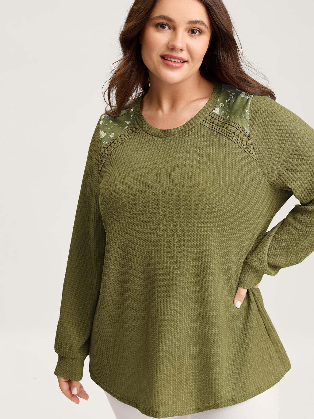 Waffle Spliced Floral Lace Sweatshirt