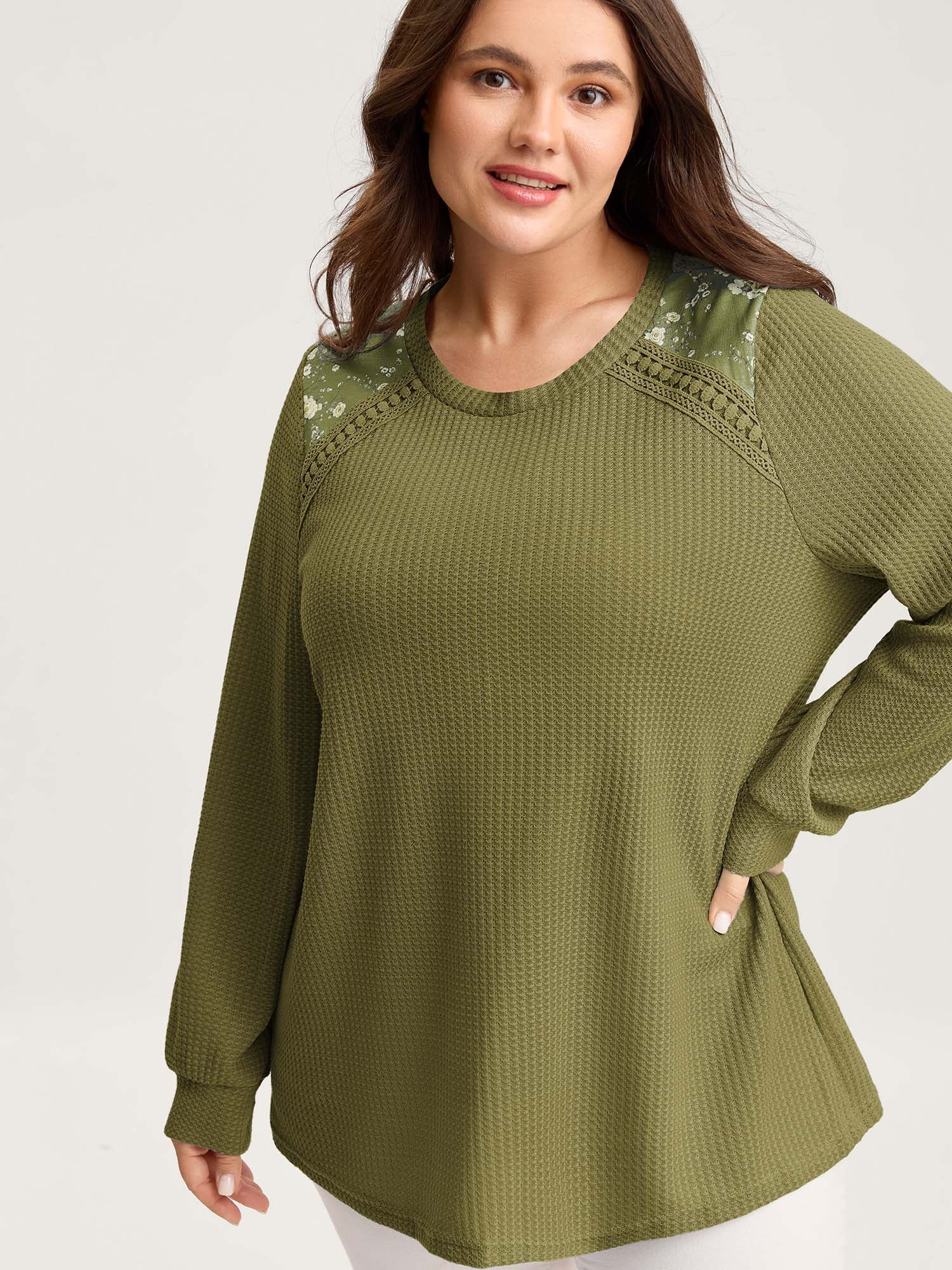 Waffle Spliced Floral Lace Sweatshirt