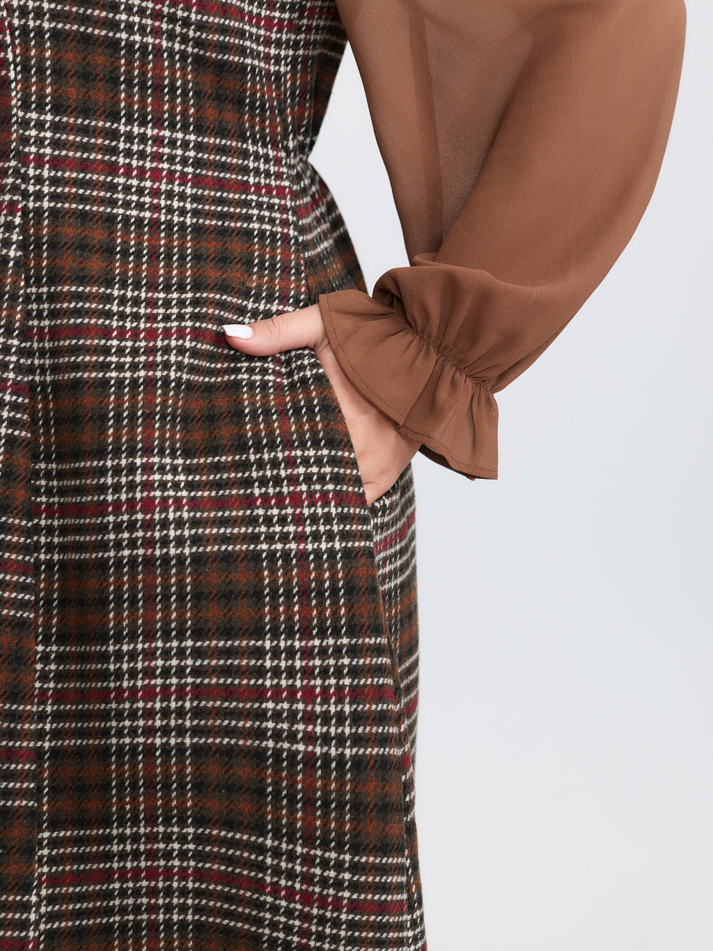 Vintage Check Tweed Ribbon Collar Midi Dress