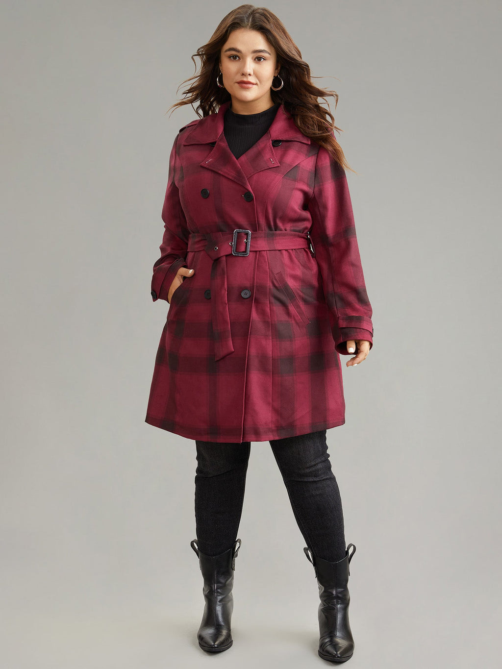 Lapel Collar Plaid Belted Double Breasted Coat