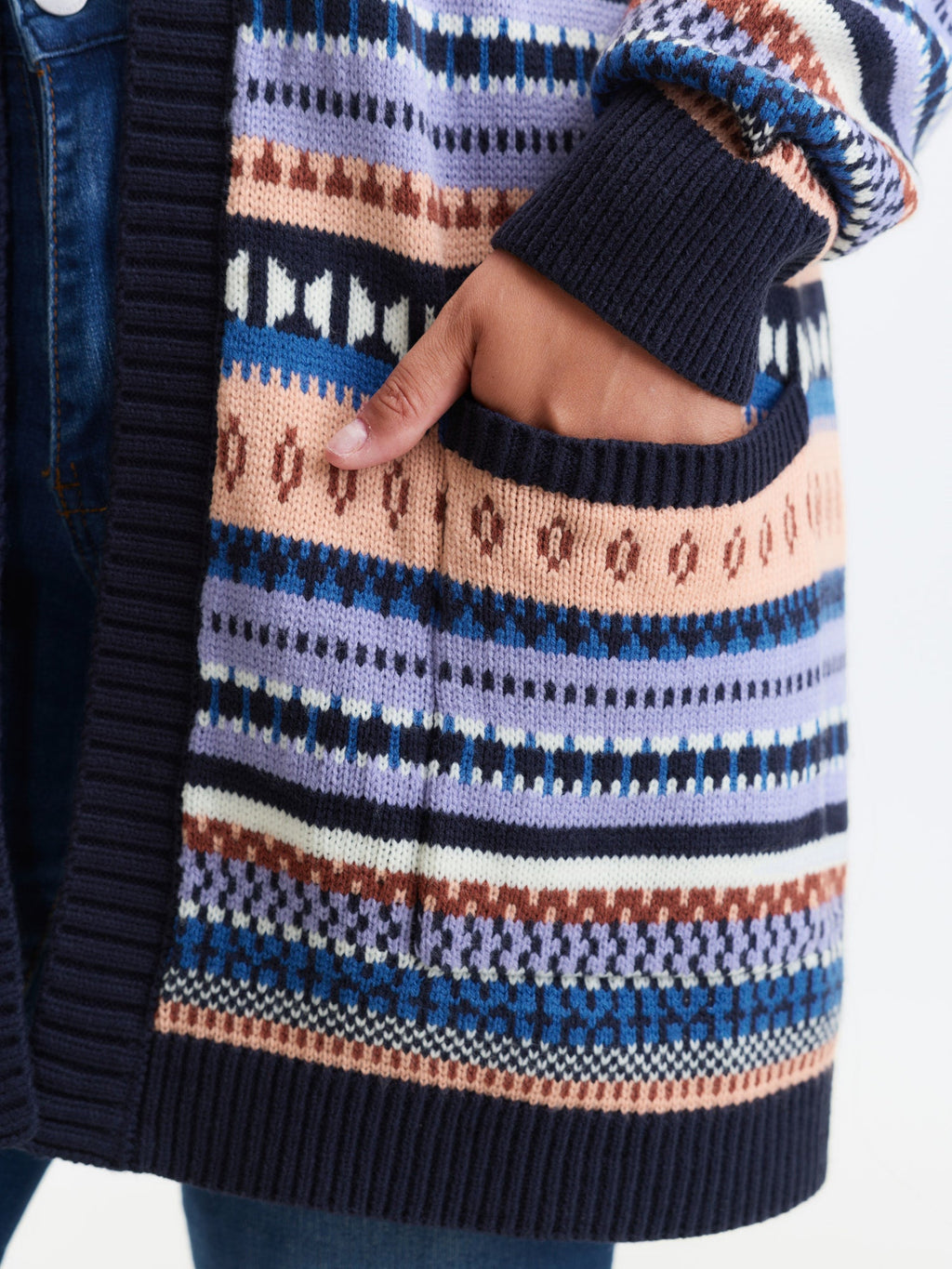 Multicolor Stripe Jacquard Pockets Knit Cardigan