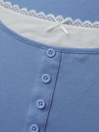 Button Placket Lace Scoop Neck T-Shirt