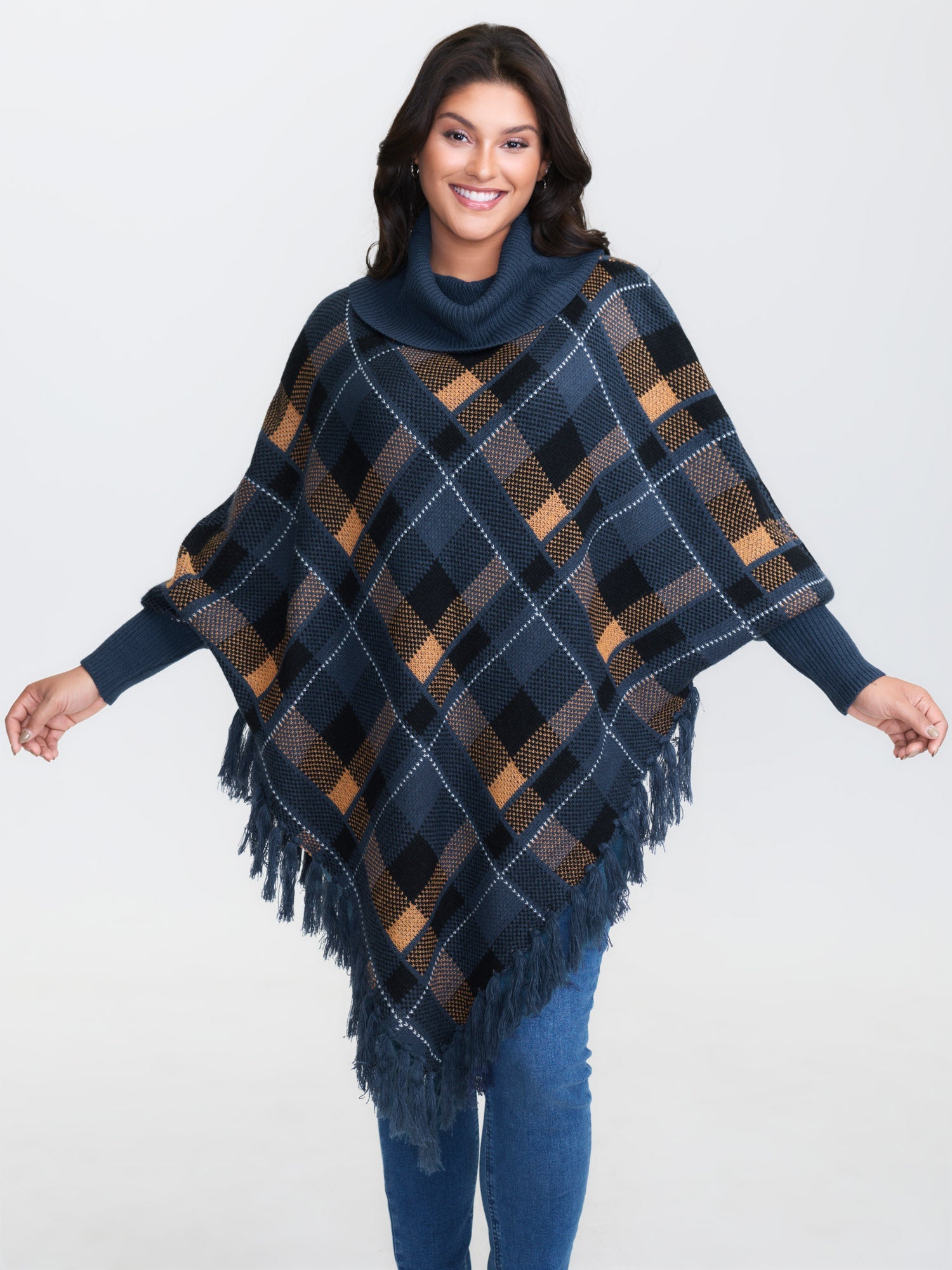 Holiday Plaid Turtleneck Fringe Hem Pullover