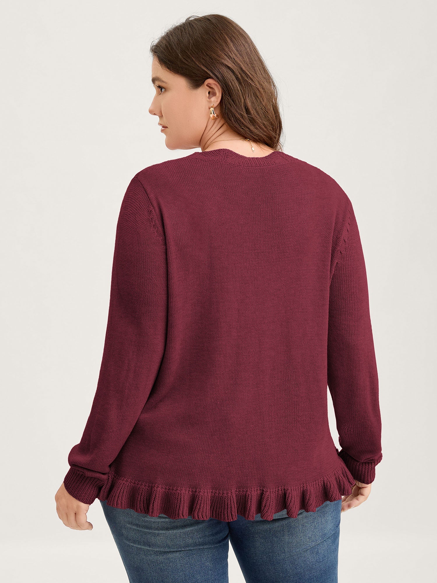 Supersoft Textured Floral Button Ruffled Hem Knit Cardigan