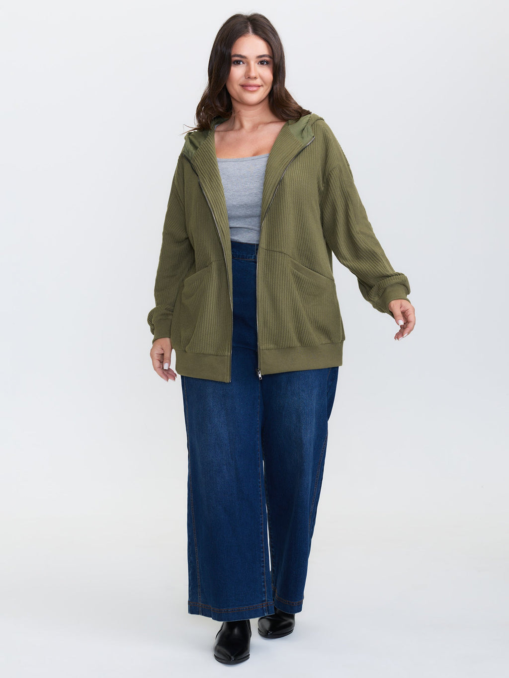 Ribbed Texture Pockets Hooded Coat