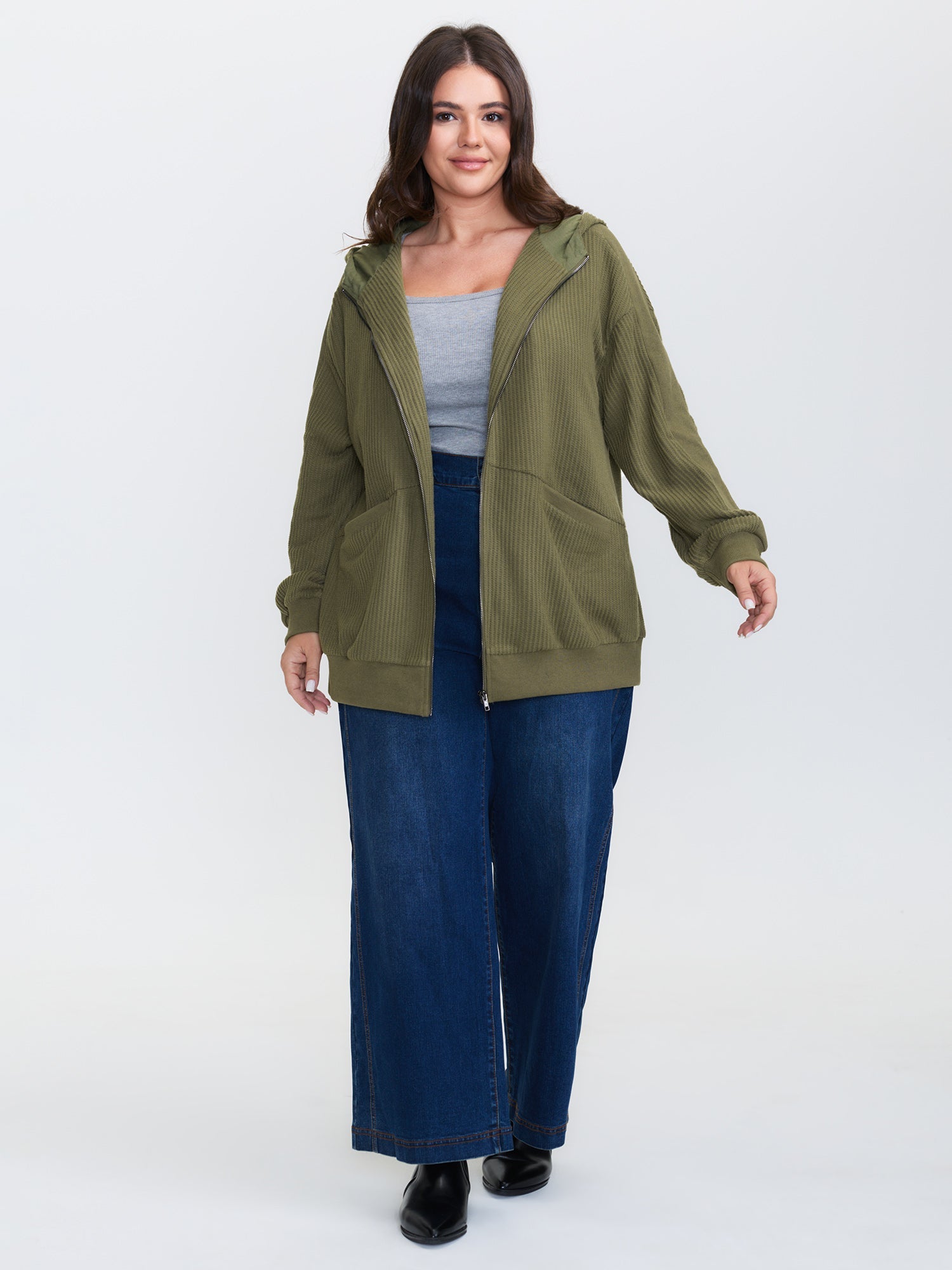 Ribbed Texture Pockets Hooded Coat