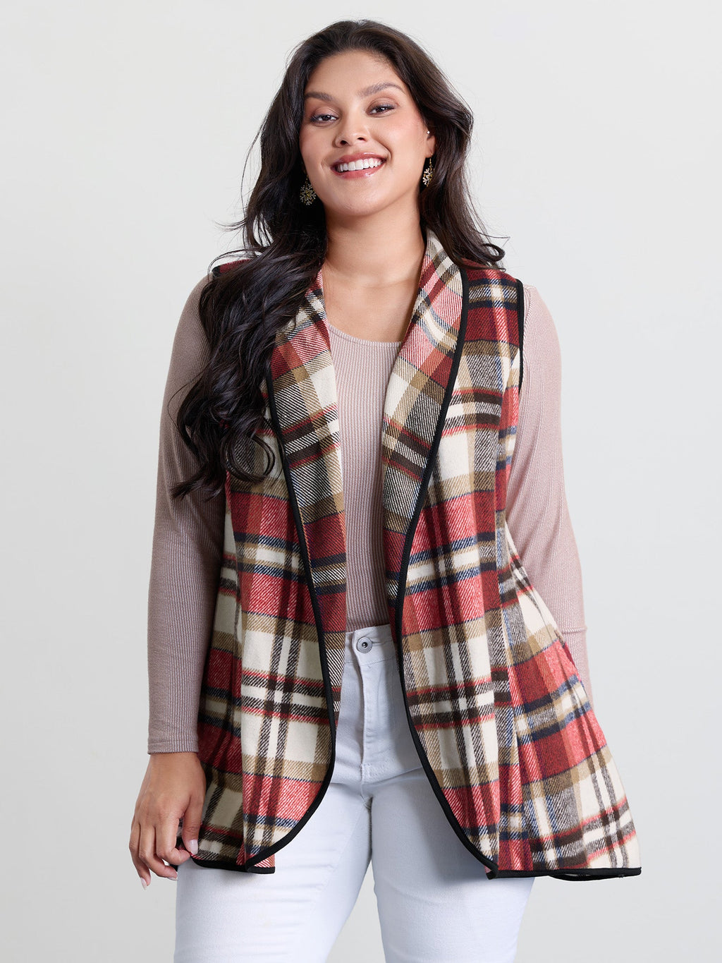 Plaid Curvy Hem Open-Front Vest