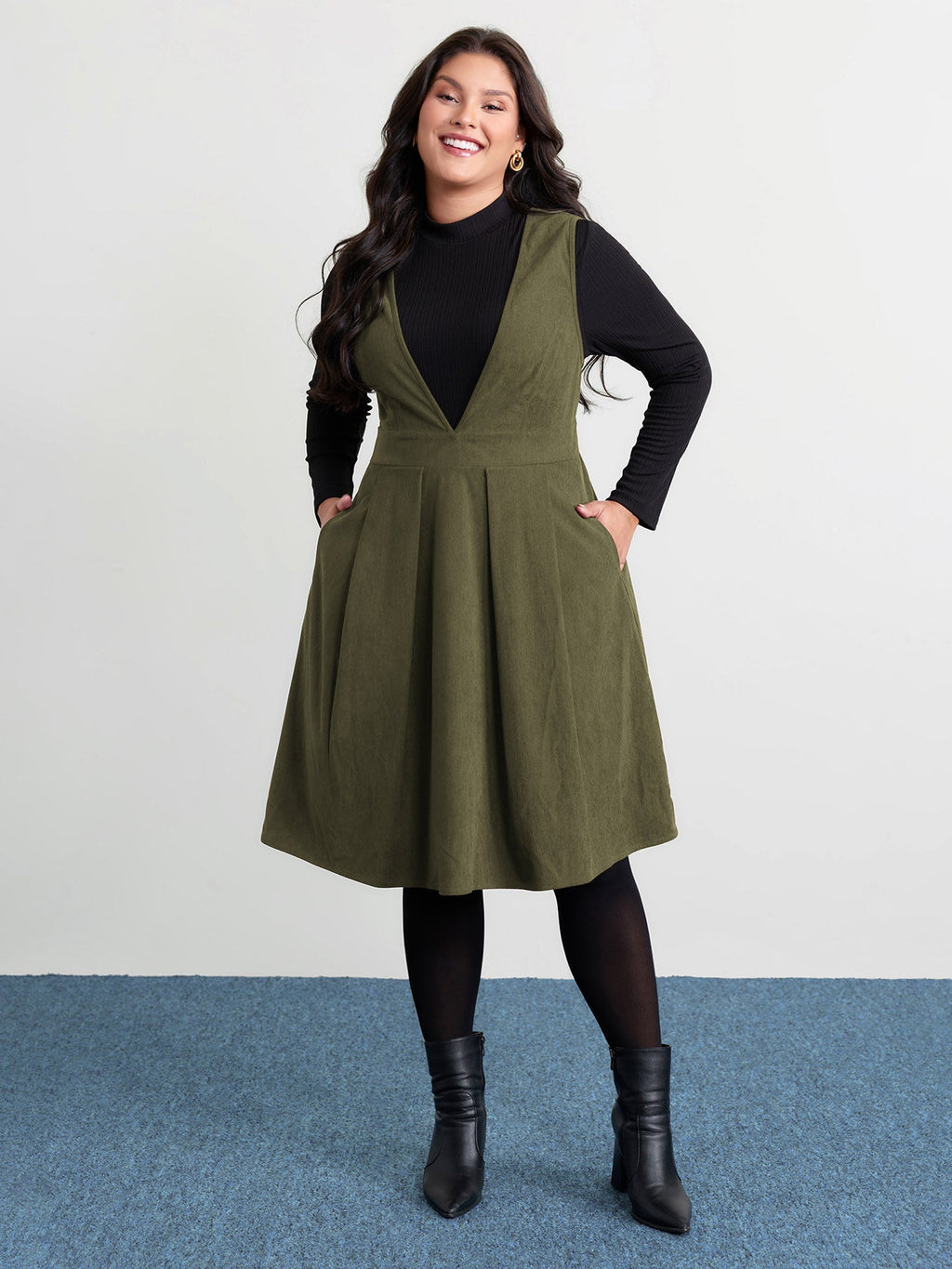 Corduroy Stretchy Waist V-Neck Midi Dress