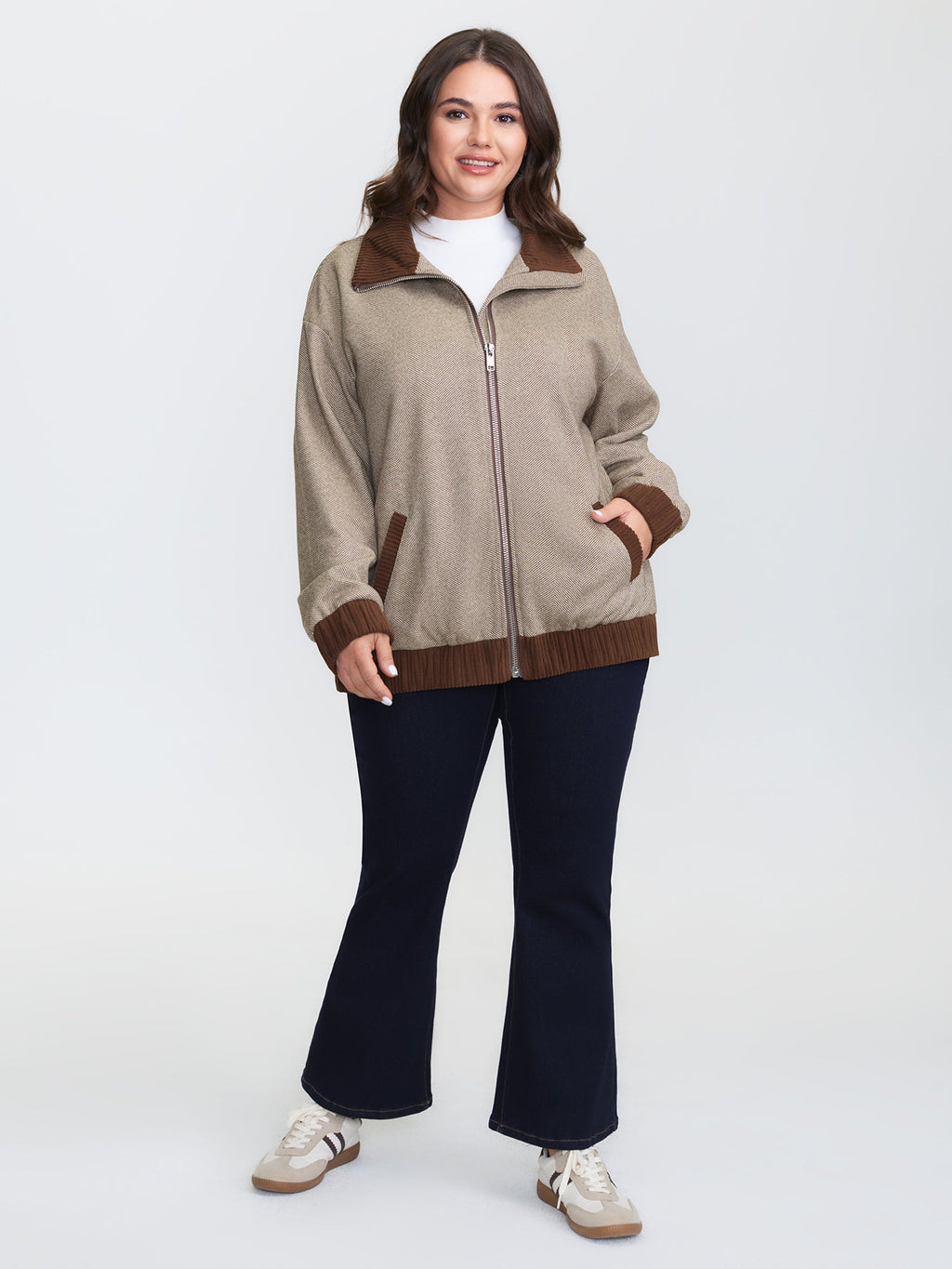 Spliced Color Contrast Pockets Zipper Jacket