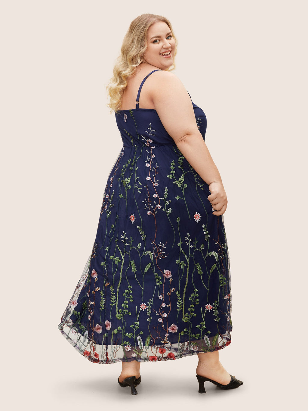 U Neck Floral Embroidered Mesh Cami Dress