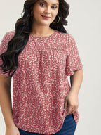 Floral Ruffle Sleeve Gathered Round Neck Blouse
