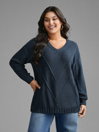 V Neck Cable Knit Texture Pullover