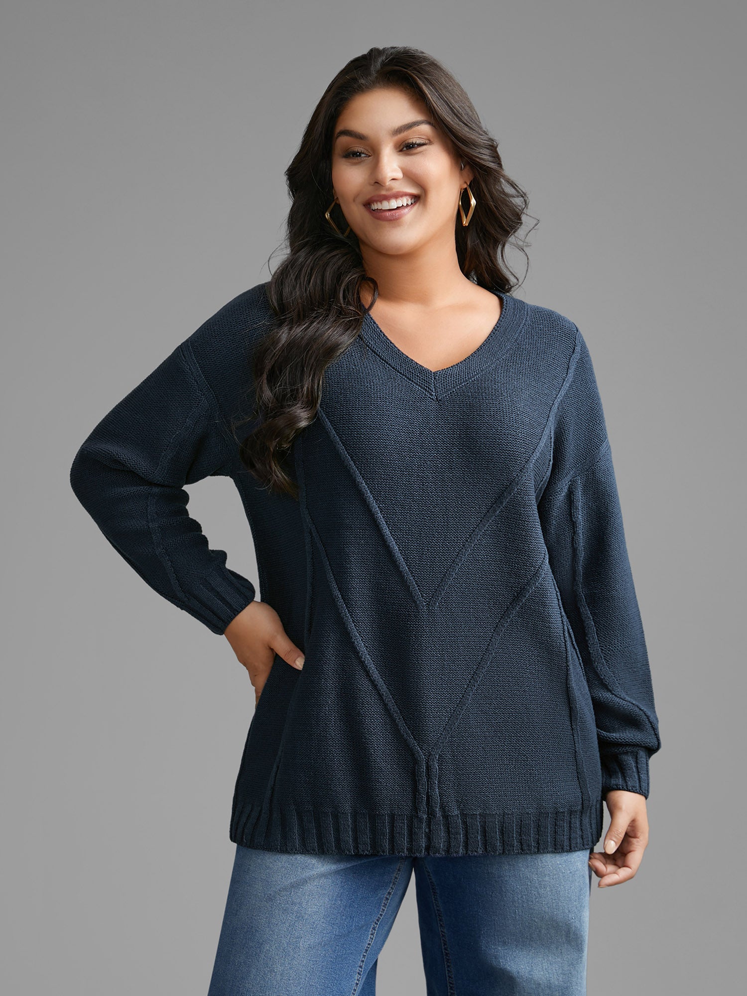 V Neck Cable Knit Texture Pullover