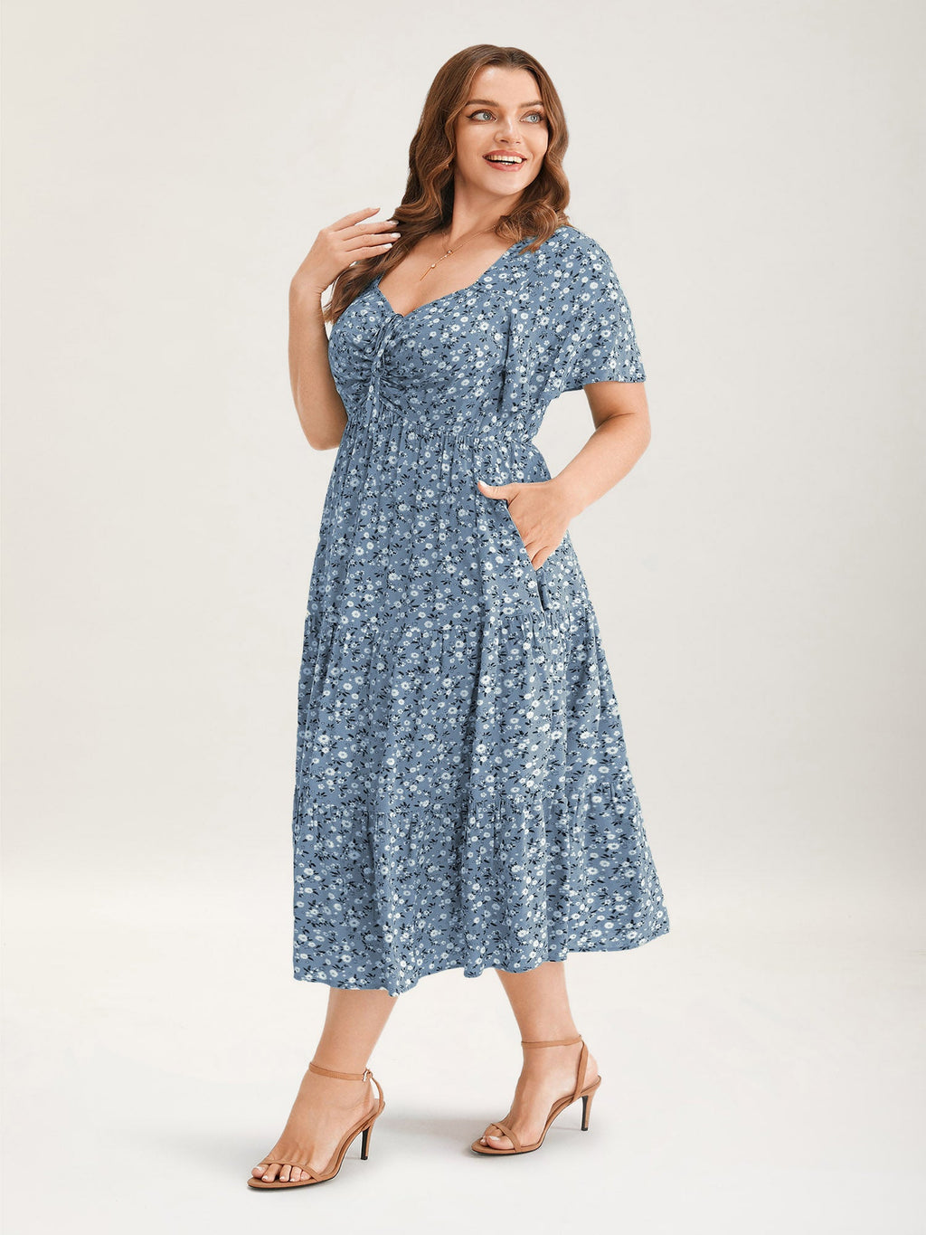 Ditsy Floral Sweetheart Drawstring Pocket Tiered Dress