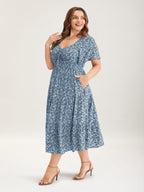 Ditsy Floral Sweetheart Drawstring Pocket Tiered Dress