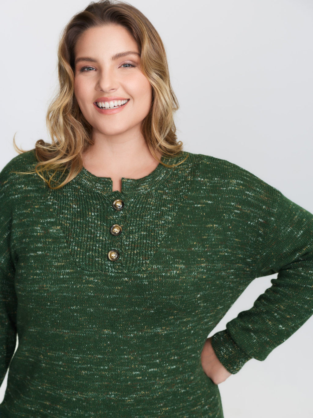 Heather Textured Button Neck Pullover