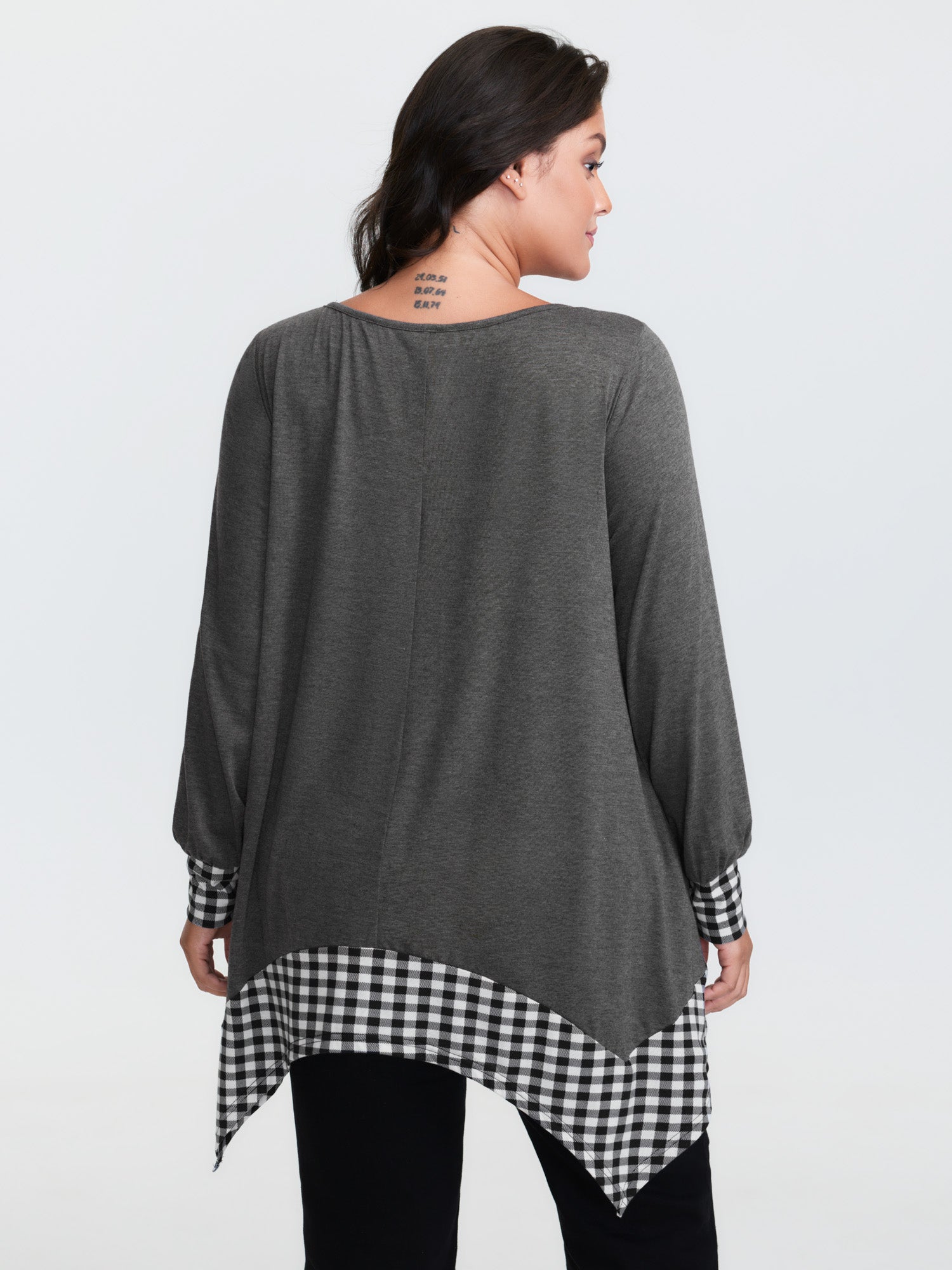 Supersoft Stretchy Checkered Asymmetrical Hem T-Shirt