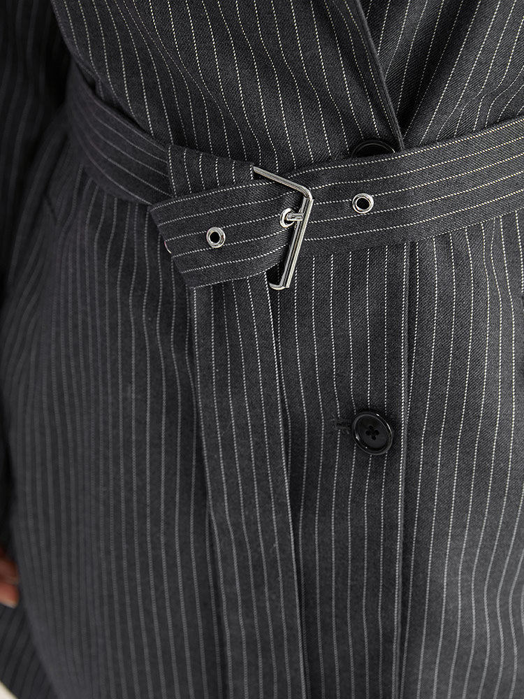 Striped Belted Lapel Collar Tunic Coat