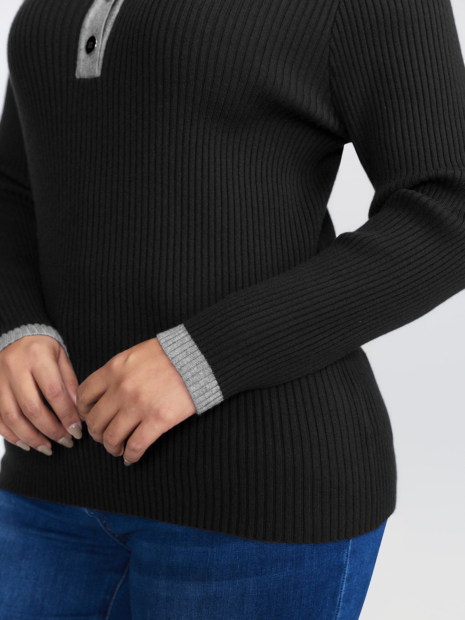 Polo Neck Contrast Metal Buttons Pullover