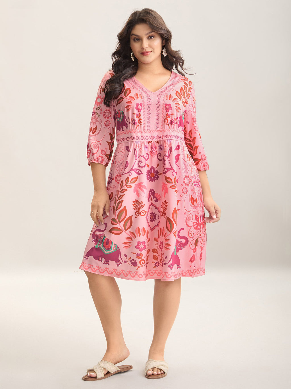 Boho Print V-Neck Pockets Midi Dress