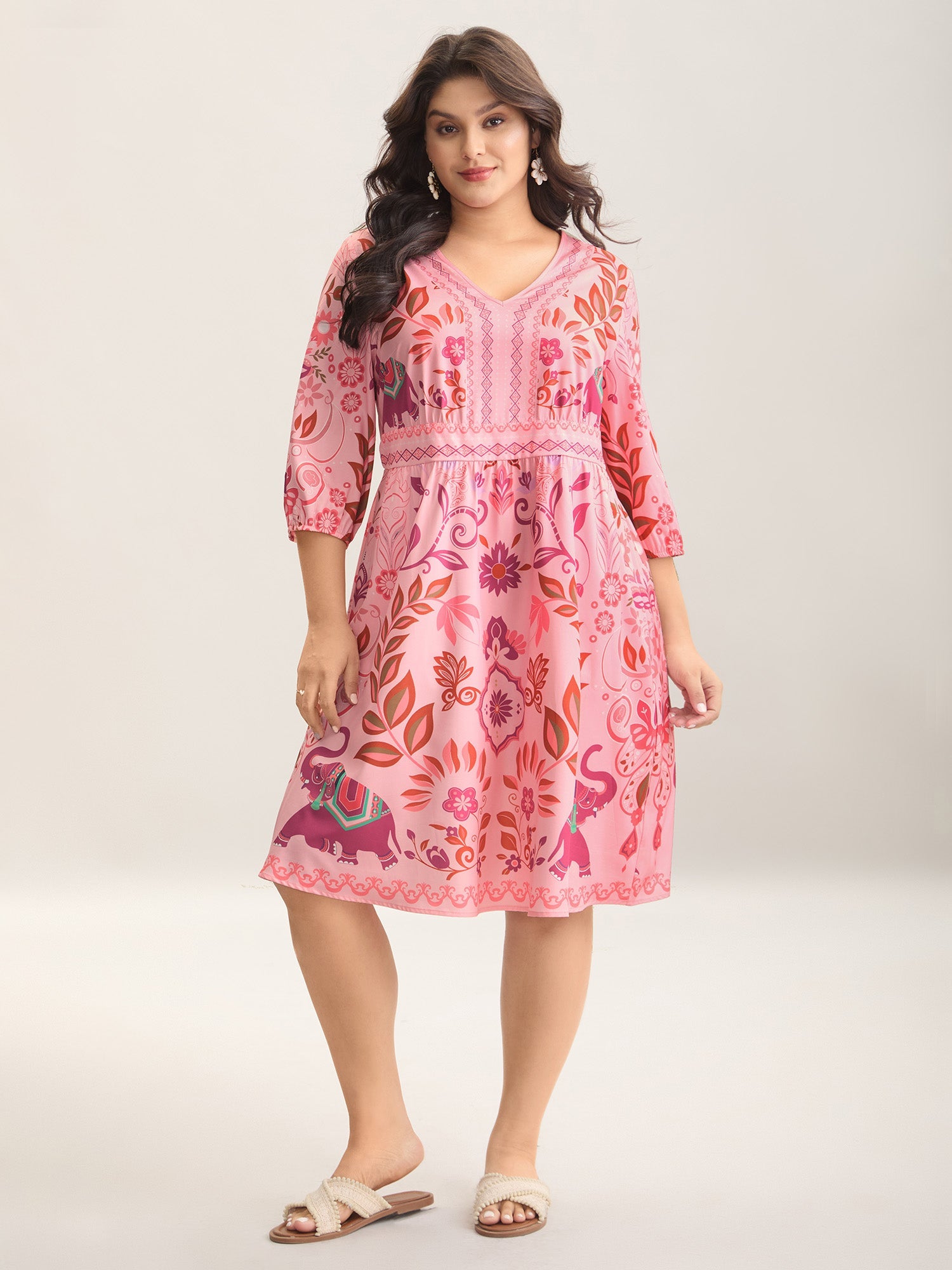 Boho Print V-Neck Pockets Midi Dress