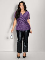 Shimmery Wrap Neck Sheer Sleeve T-Shirt