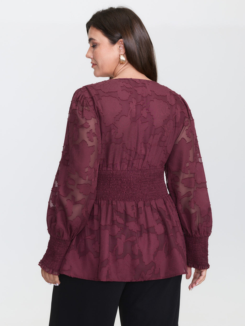 Laser Cut Shirred Waist Button Blouse
