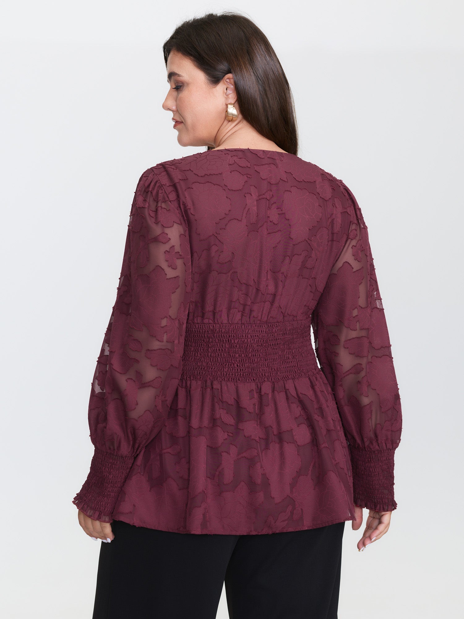 Laser Cut Shirred Waist Button Blouse