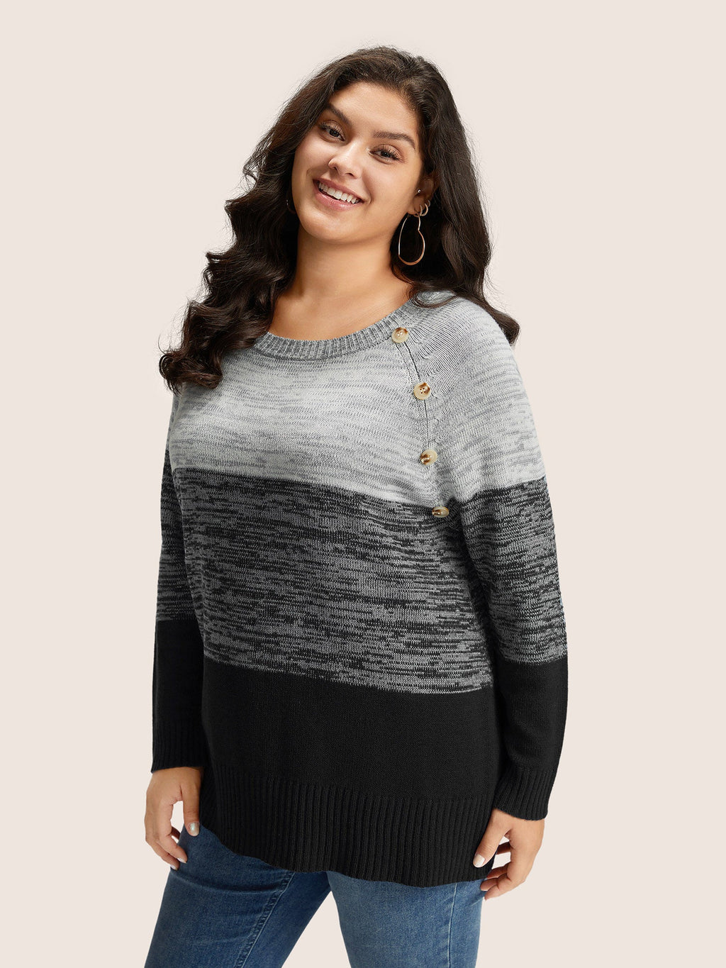 Colorblock Contrast Heather Button Detail Pullover