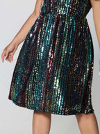 Shimmery Sequin Stripe Cinched-Waist Midi Dress