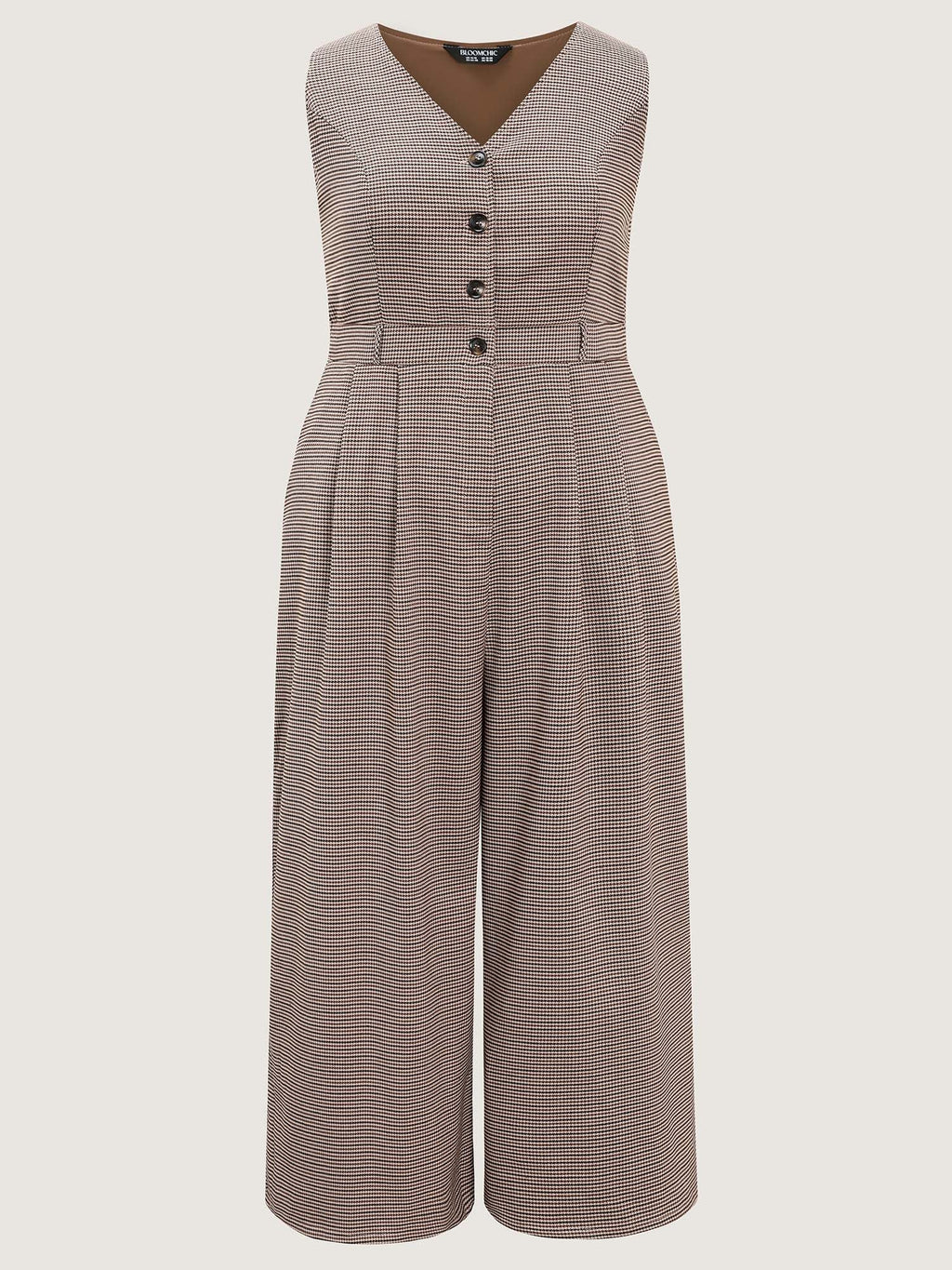 Houndstooth Button Sleeveless Jumpsuit