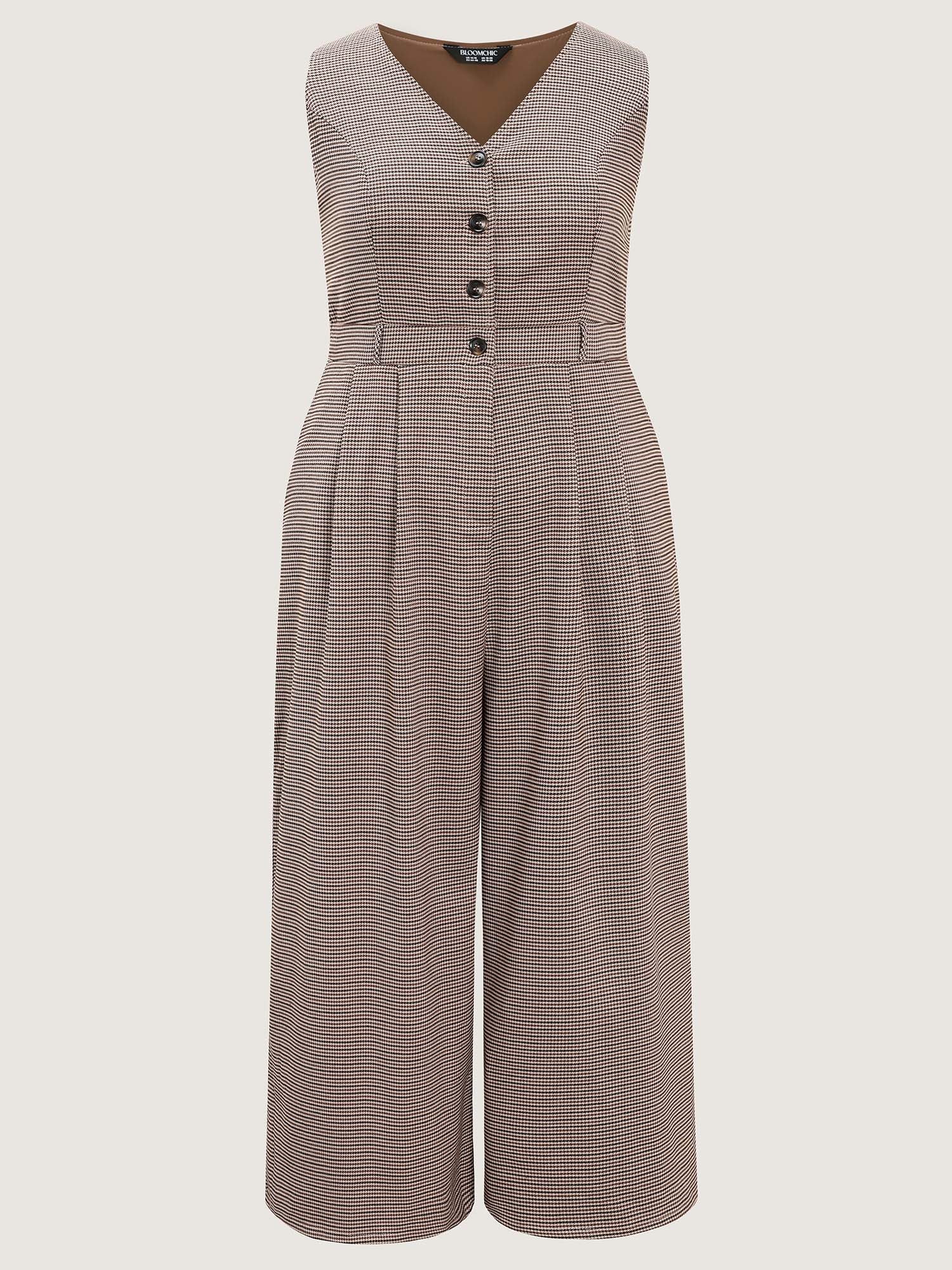 Houndstooth Button Sleeveless Jumpsuit