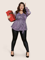 Sequin Mesh Lantern Sleeve Wrap Belted Striped Blouse