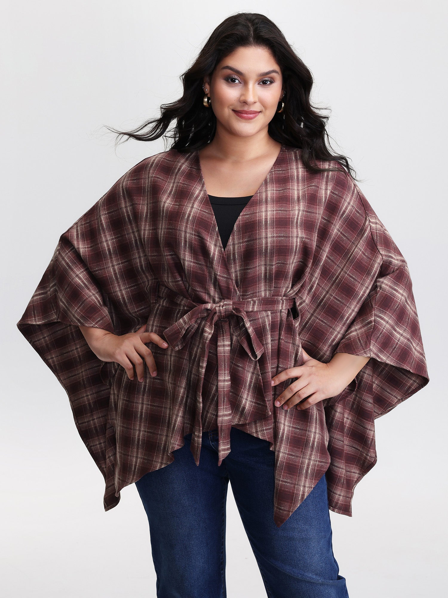 Plaid Asymmetrical Hem Cinched-Waist Coat