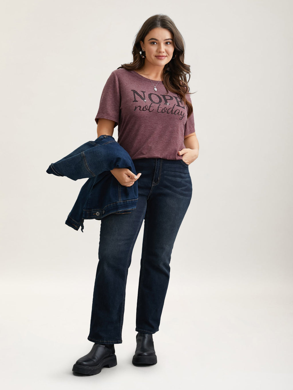 Nope Not Today Print Rhinestone Round Neck T-Shirt