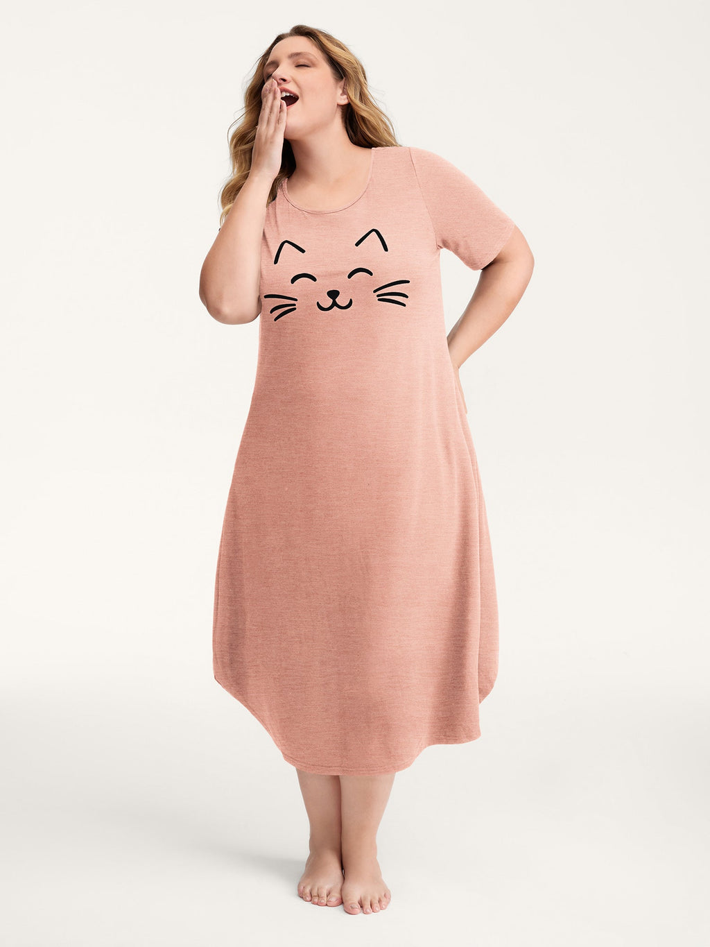 Happy Cat Print Stretchy Contrast Sleep Dress