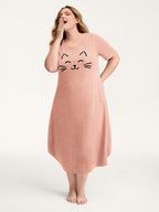 Happy Cat Print Stretchy Contrast Sleep Dress
