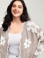 Floral Pattern Open-Front Knitted Cardigan