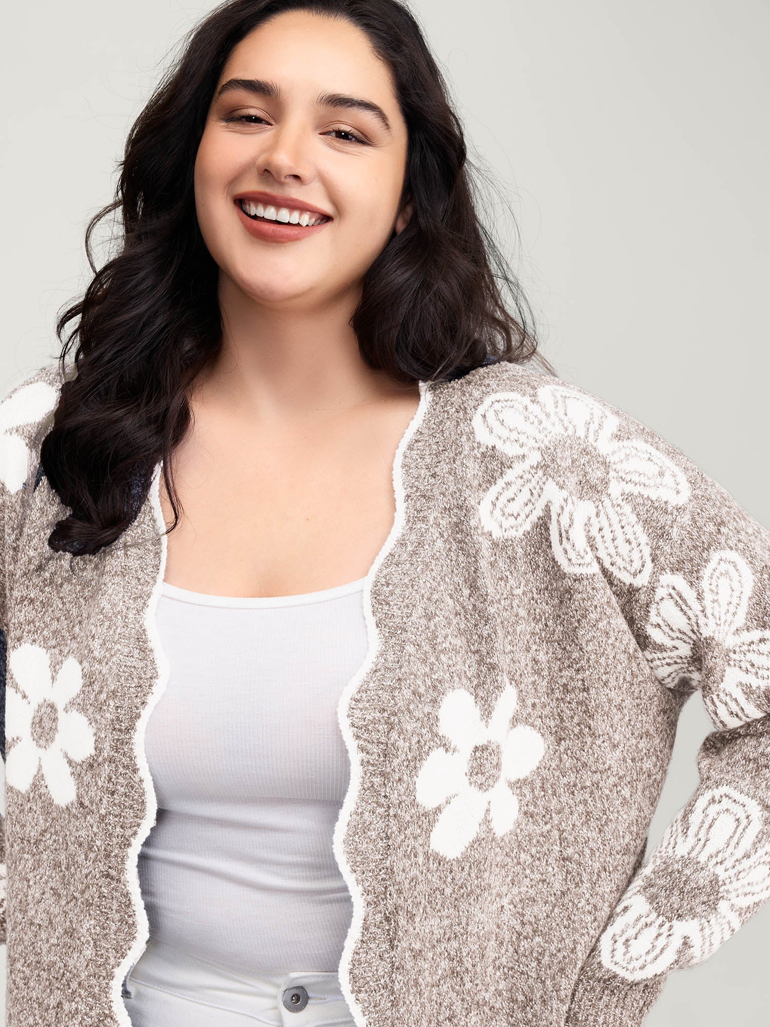 Floral Pattern Open-Front Knitted Cardigan
