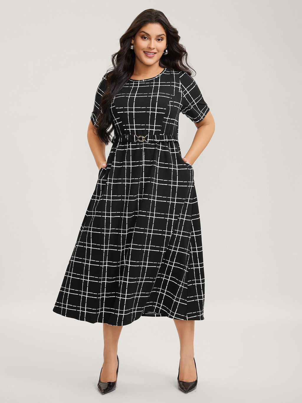 Grid Print Knit Belted Maxi Dress