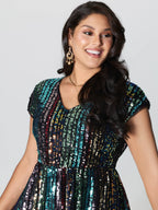 Shimmery Sequin Stripe Cinched-Waist Midi Dress