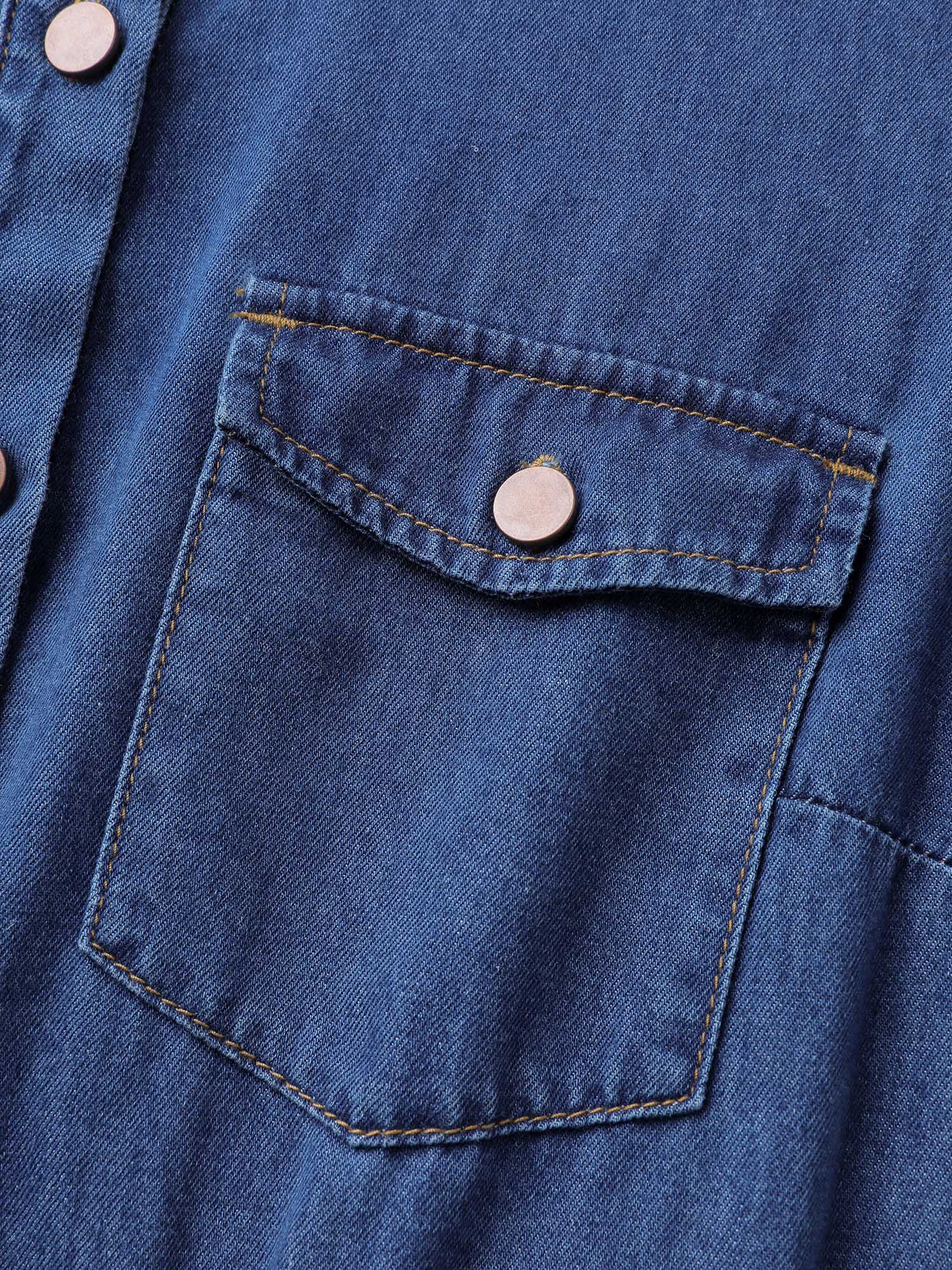 Denim Ruffled Hem Pockets Shirt Dress