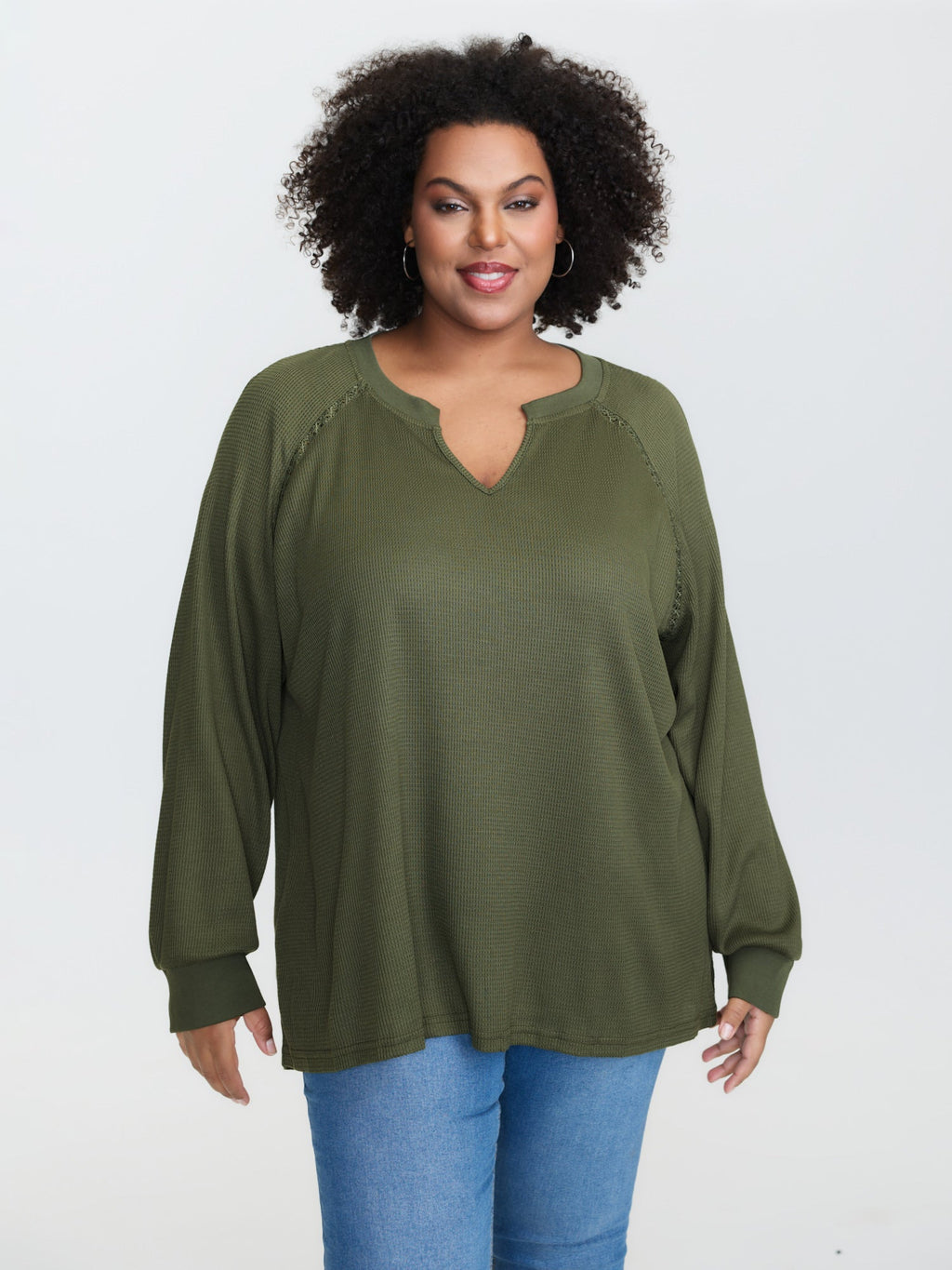 Waffle Grid Notched Collar Lace Sweatshirt