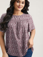 Floral Ruffle Sleeve Gathered Round Neck Blouse