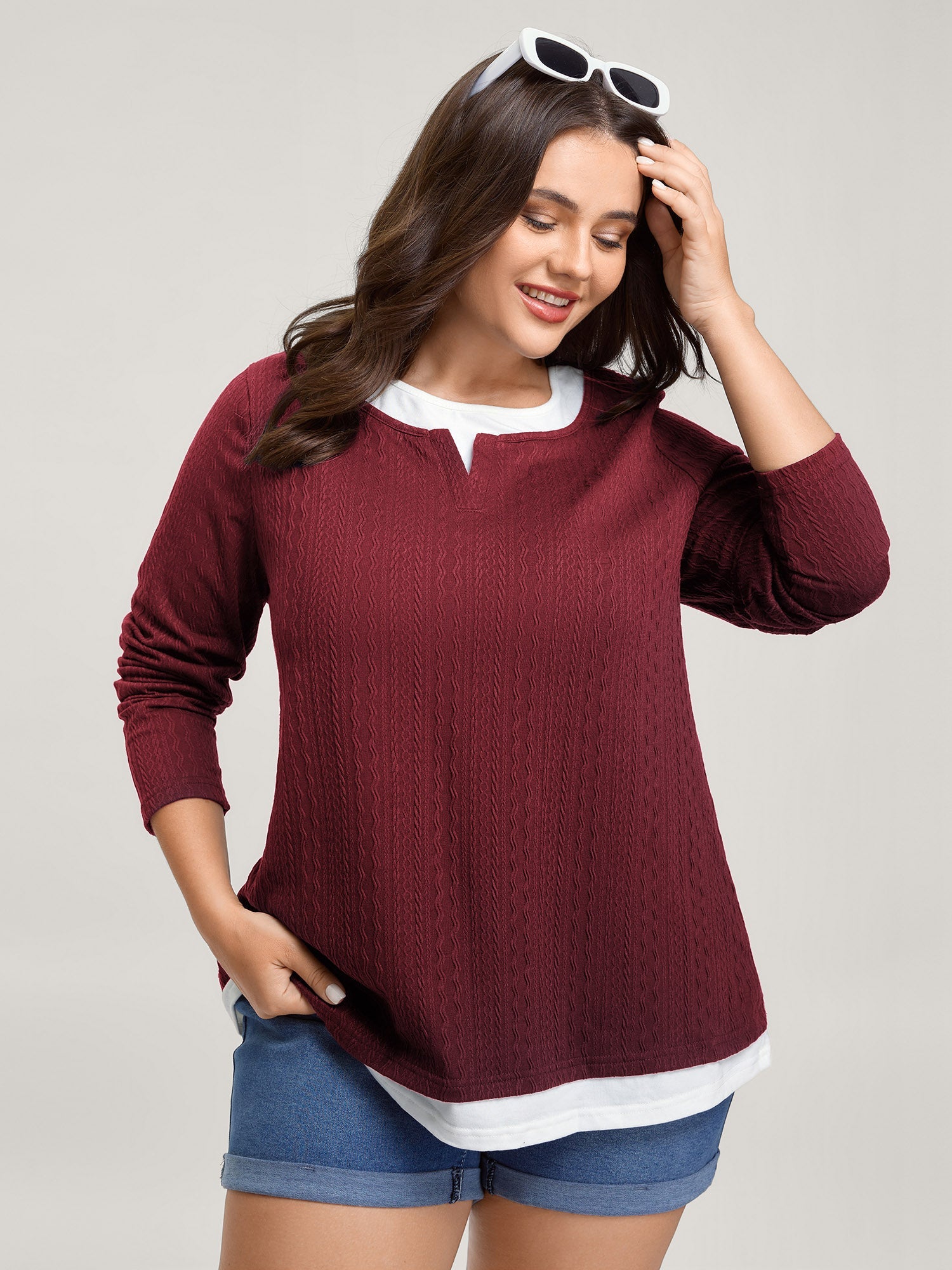 Textured Spliced Round Neck Solid T-Shirt