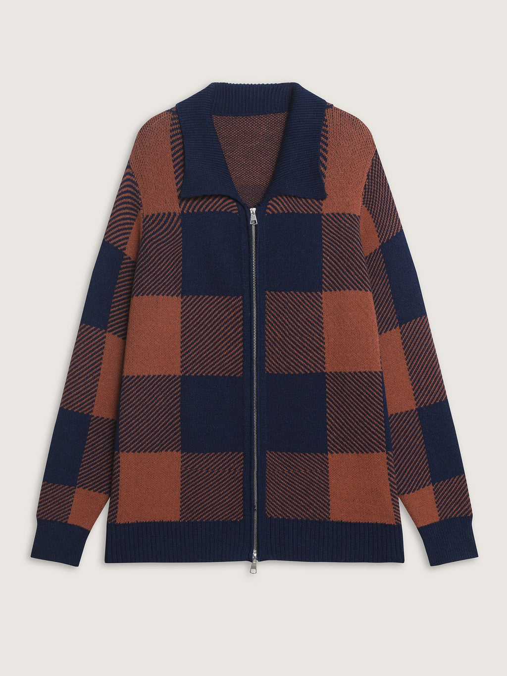 Supersoft Checkered Pattern Zip Knit Cardigan